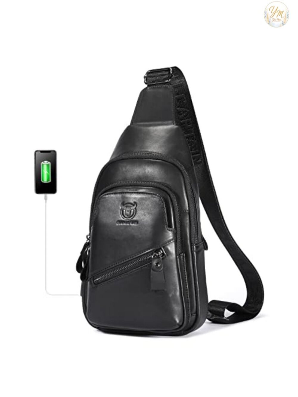 Genuine Leather Sling Bag for Men Crossbody Chest Bag USB Charging